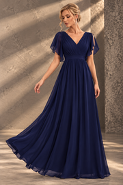 Flutter Sleeve Bridesmaid Dress — V-Neck & Flowing Maxi Skirt