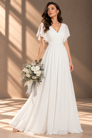Flutter Sleeve Bridesmaid Dress — V-Neck & Flowing Maxi Skirt
