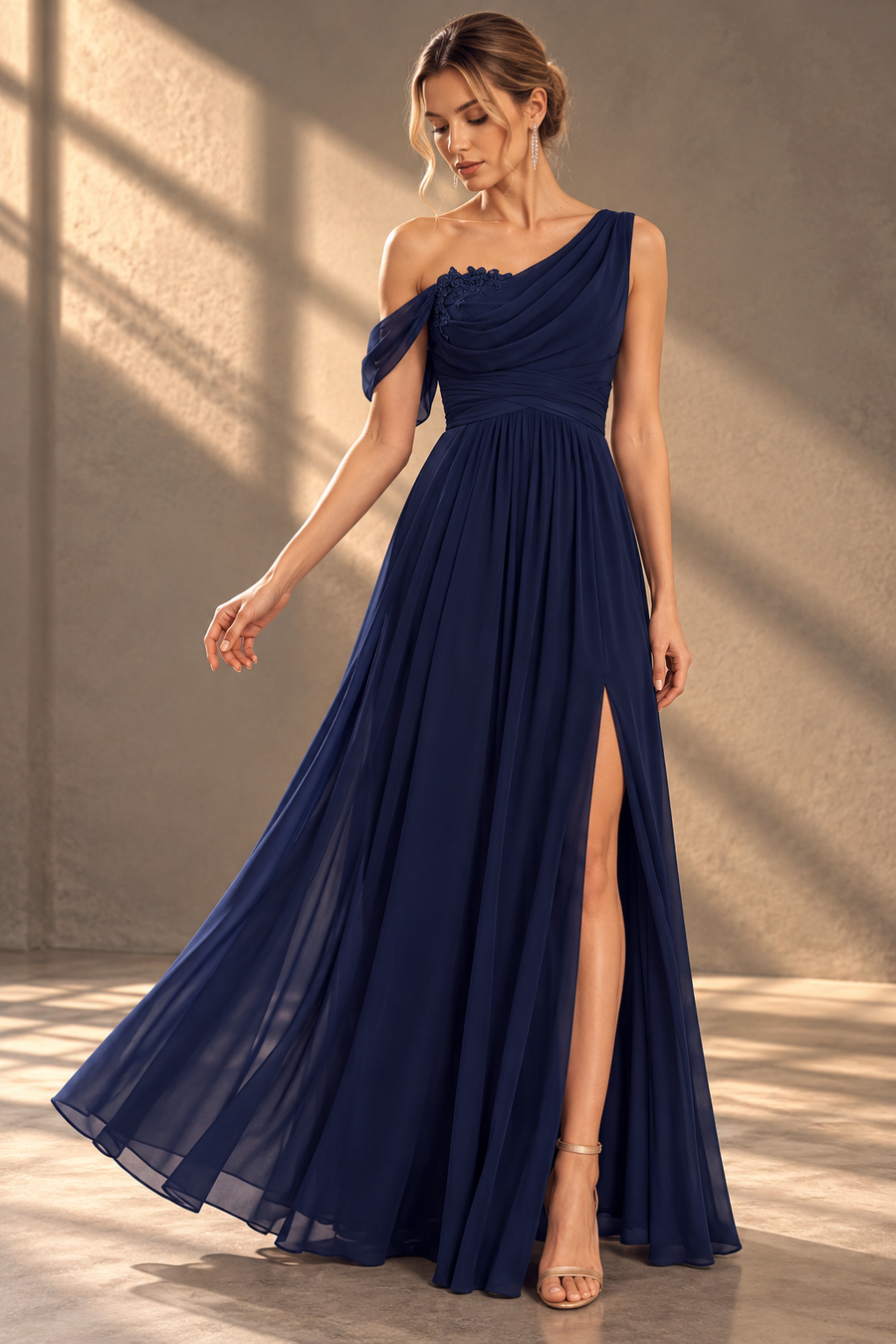 One Shoulder Chiffon Bridesmaid Dress — Long Occasion Gown with Side Slit