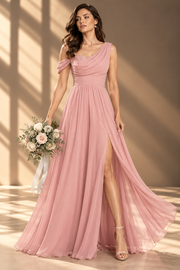 One Shoulder Chiffon Bridesmaid Dress — Long Occasion Gown with Side Slit