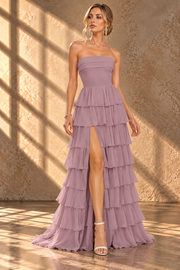 Strapless Ruffle Bridesmaid Dress — Tiered Maxi Gown with High Slit