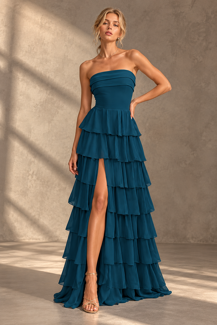 Strapless Ruffle Bridesmaid Dress — Tiered Maxi Gown with High Slit