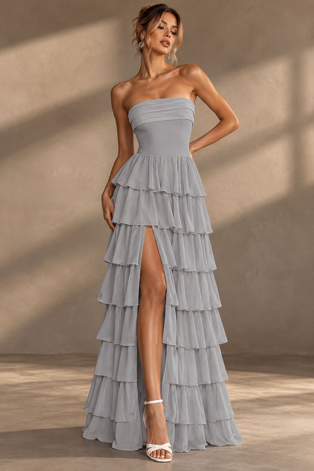 Strapless Ruffle Bridesmaid Dress — Tiered Maxi Gown with High Slit