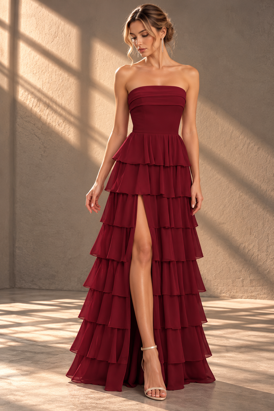 Strapless Ruffle Bridesmaid Dress — Tiered Maxi Gown with High Slit