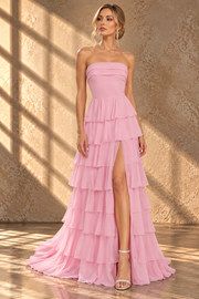 Strapless Ruffle Bridesmaid Dress — Tiered Maxi Gown with High Slit