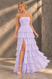 Strapless Ruffle Bridesmaid Dress — Tiered Maxi Gown with High Slit