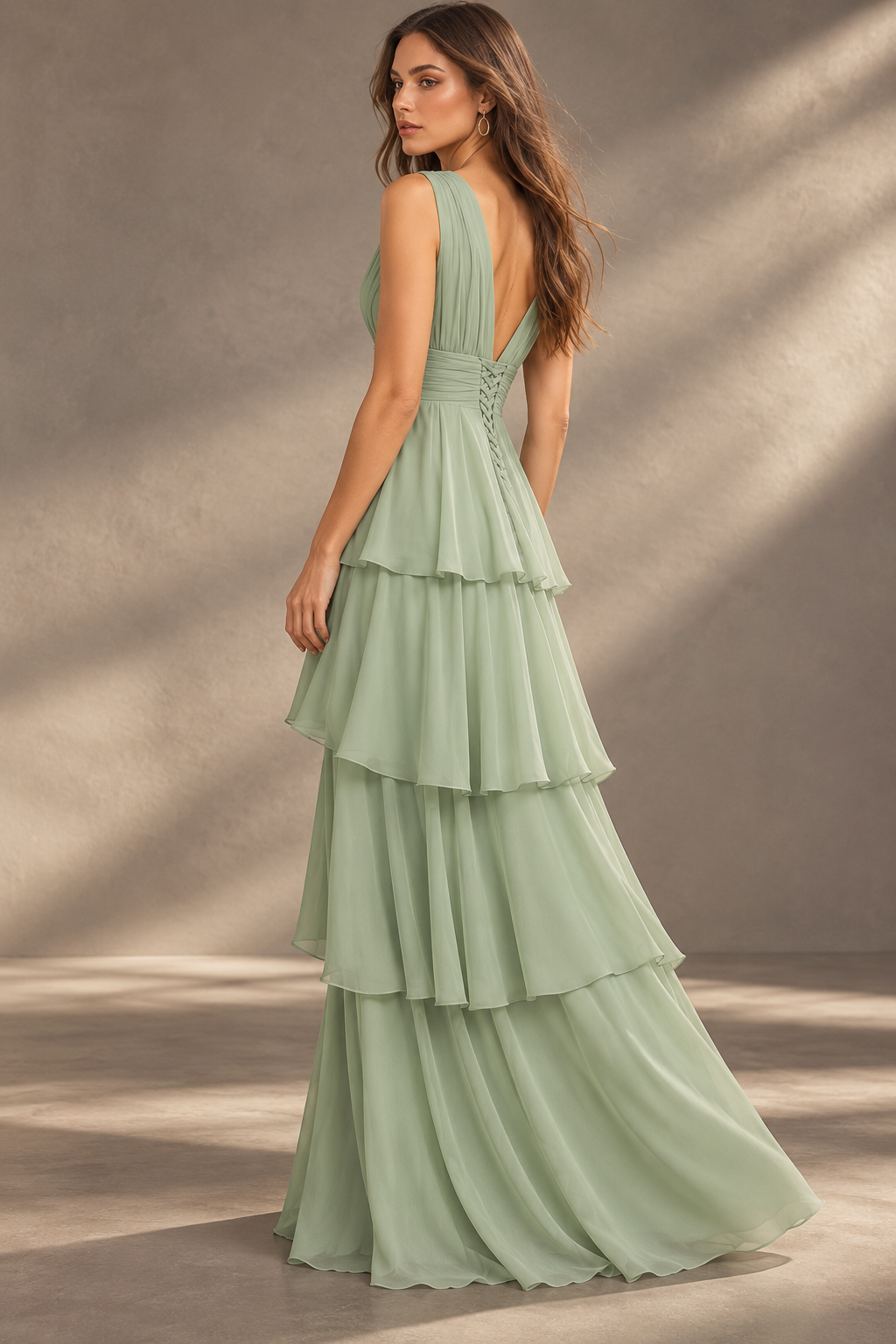 V-Neck Chiffon Bridesmaid Dress — Sleeveless Tiered Ruffle Gown