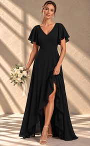 Flutter Sleeve Chiffon Bridesmaid Dress — V-Neck Gown with Asymmetric Ruffle Hem