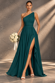 One Shoulder Chiffon Bridesmaid Dress — Ruched A-Line Gown with Slit