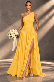 One Shoulder Chiffon Bridesmaid Dress — Ruched A-Line Gown with Slit