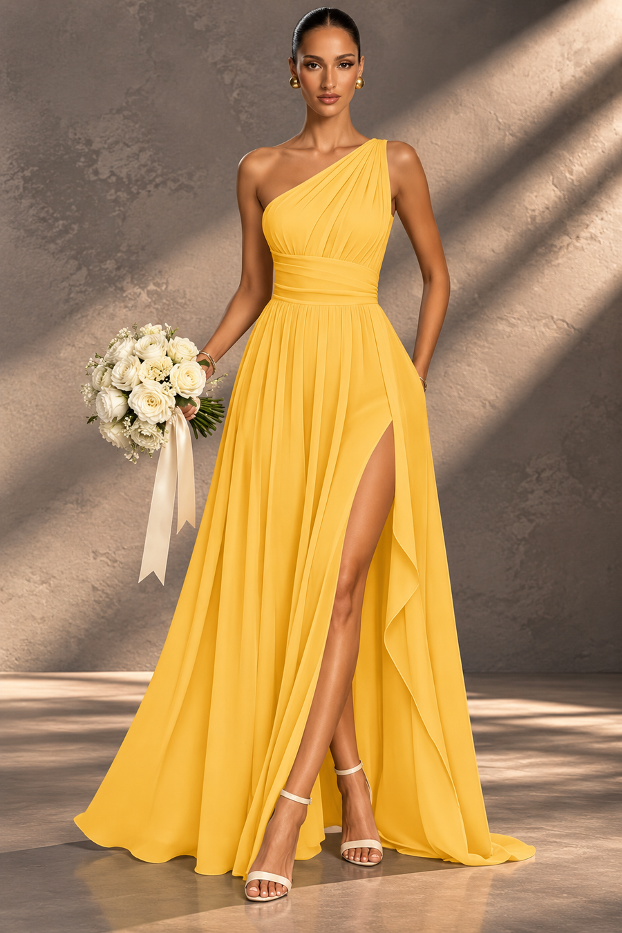 One Shoulder Chiffon Bridesmaid Dress — Ruched A-Line Gown with Slit