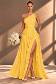 One Shoulder Chiffon Bridesmaid Dress — Ruched A-Line Gown with Slit