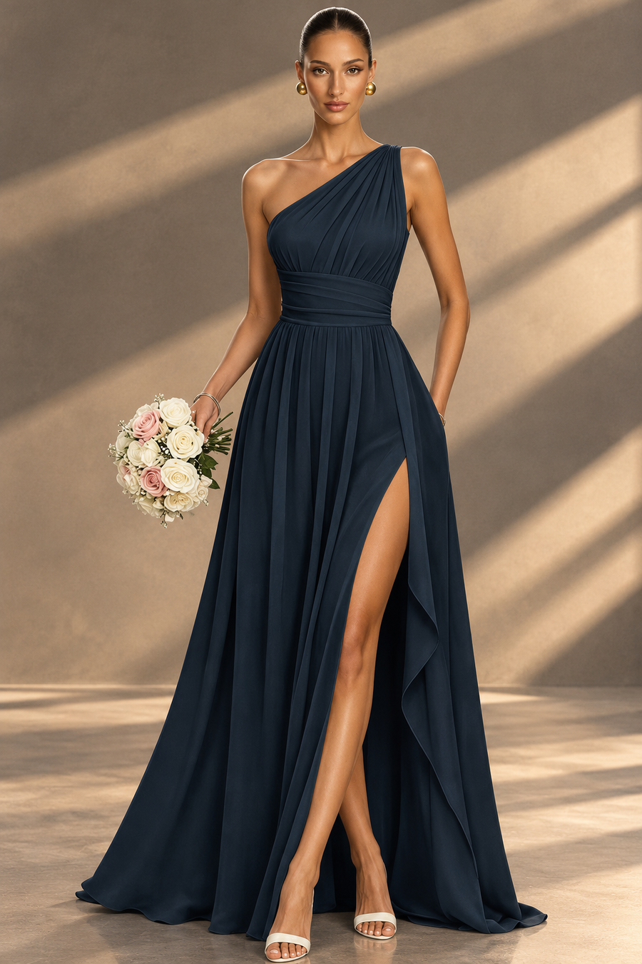 One Shoulder Chiffon Bridesmaid Dress — Ruched A-Line Gown with Slit