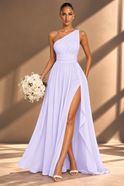 One Shoulder Chiffon Bridesmaid Dress — Ruched A-Line Gown with Slit