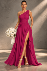 One Shoulder Chiffon Bridesmaid Dress — Ruched A-Line Gown with Slit