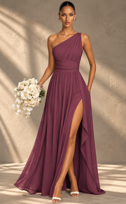 One Shoulder Chiffon Bridesmaid Dress — Ruched A-Line Gown with Slit