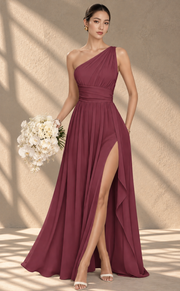 One Shoulder Chiffon Bridesmaid Dress — Ruched A-Line Gown with Slit