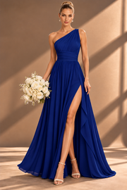 One Shoulder Chiffon Bridesmaid Dress — Ruched A-Line Gown with Slit