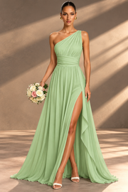 One Shoulder Chiffon Bridesmaid Dress — Ruched A-Line Gown with Slit