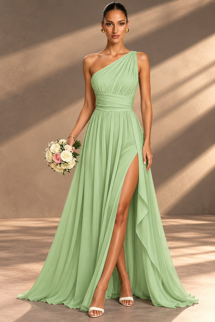 One Shoulder Chiffon Bridesmaid Dress — Ruched A-Line Gown with Slit