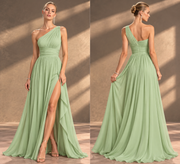 One Shoulder Chiffon Bridesmaid Dress — Ruched A-Line Gown with Slit