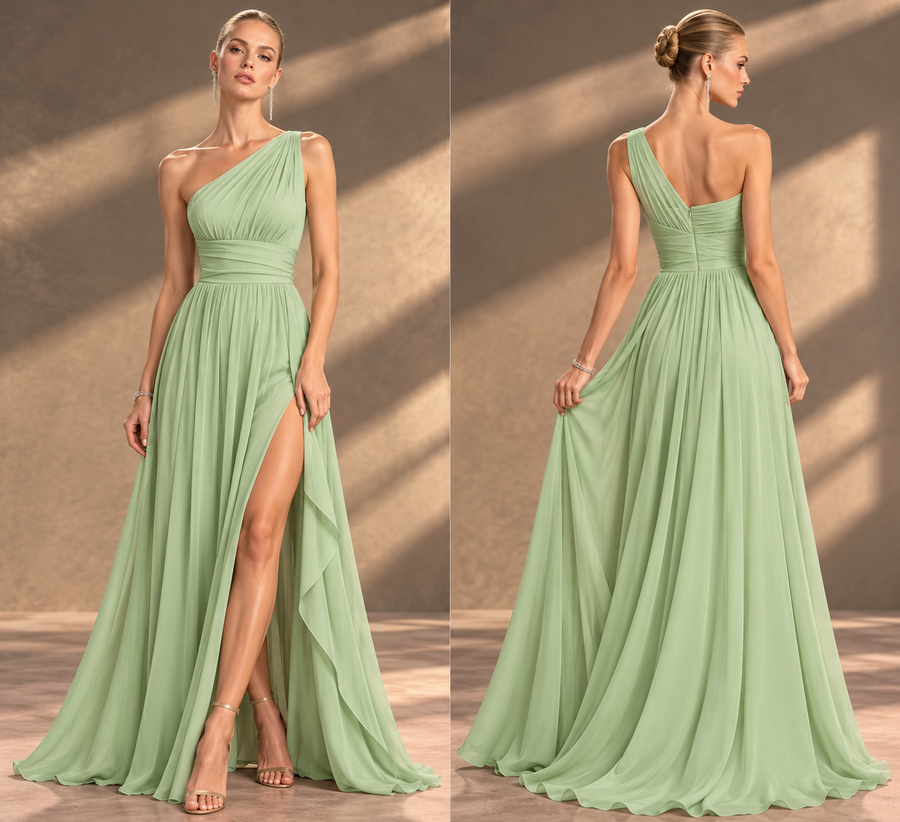 One Shoulder Chiffon Bridesmaid Dress — Ruched A-Line Gown with Slit