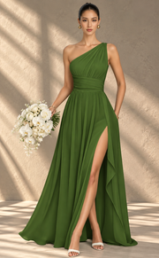 One Shoulder Chiffon Bridesmaid Dress — Ruched A-Line Gown with Slit