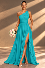 One Shoulder Chiffon Bridesmaid Dress — Ruched A-Line Gown with Slit