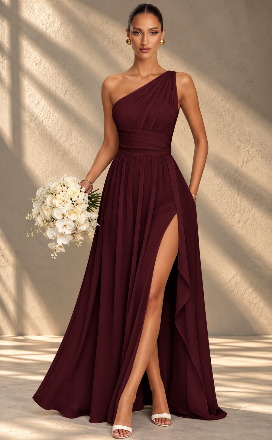 One Shoulder Chiffon Bridesmaid Dress — Ruched A-Line Gown with Slit