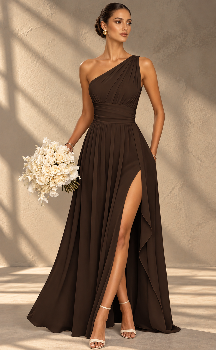 One Shoulder Chiffon Bridesmaid Dress — Ruched A-Line Gown with Slit