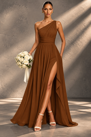 One Shoulder Chiffon Bridesmaid Dress — Ruched A-Line Gown with Slit