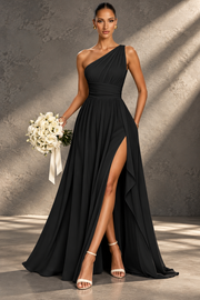 One Shoulder Chiffon Bridesmaid Dress — Ruched A-Line Gown with Slit