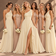 One Shoulder Chiffon Bridesmaid Dress — Ruched A-Line Gown with Slit
