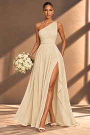 One Shoulder Chiffon Bridesmaid Dress — Ruched A-Line Gown with Slit