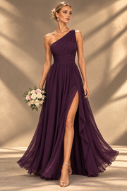 One Shoulder Chiffon Bridesmaid Dress — Ruched A-Line Gown with Slit