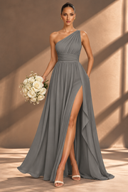One Shoulder Chiffon Bridesmaid Dress — Ruched A-Line Gown with Slit