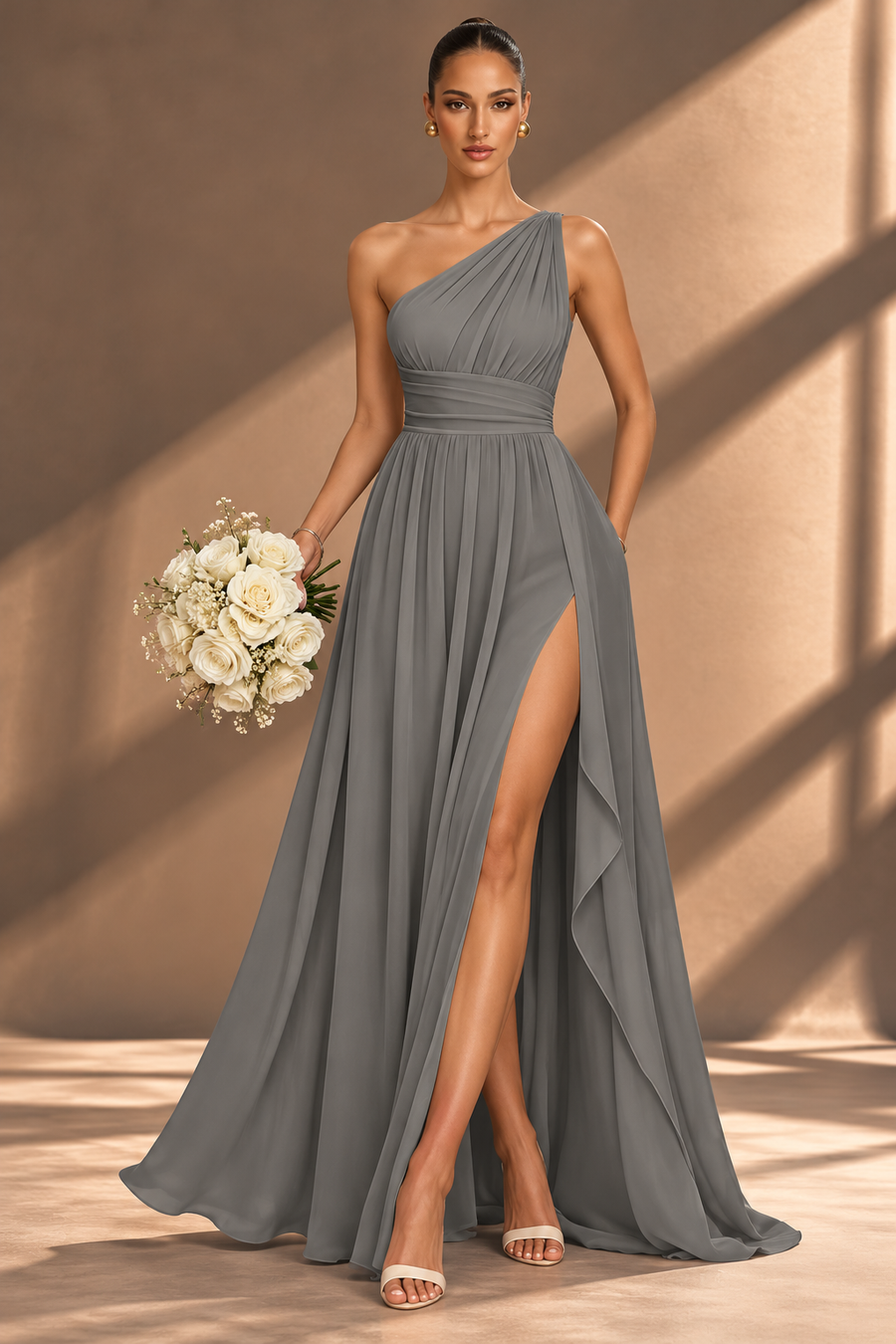 One Shoulder Chiffon Bridesmaid Dress — Ruched A-Line Gown with Slit