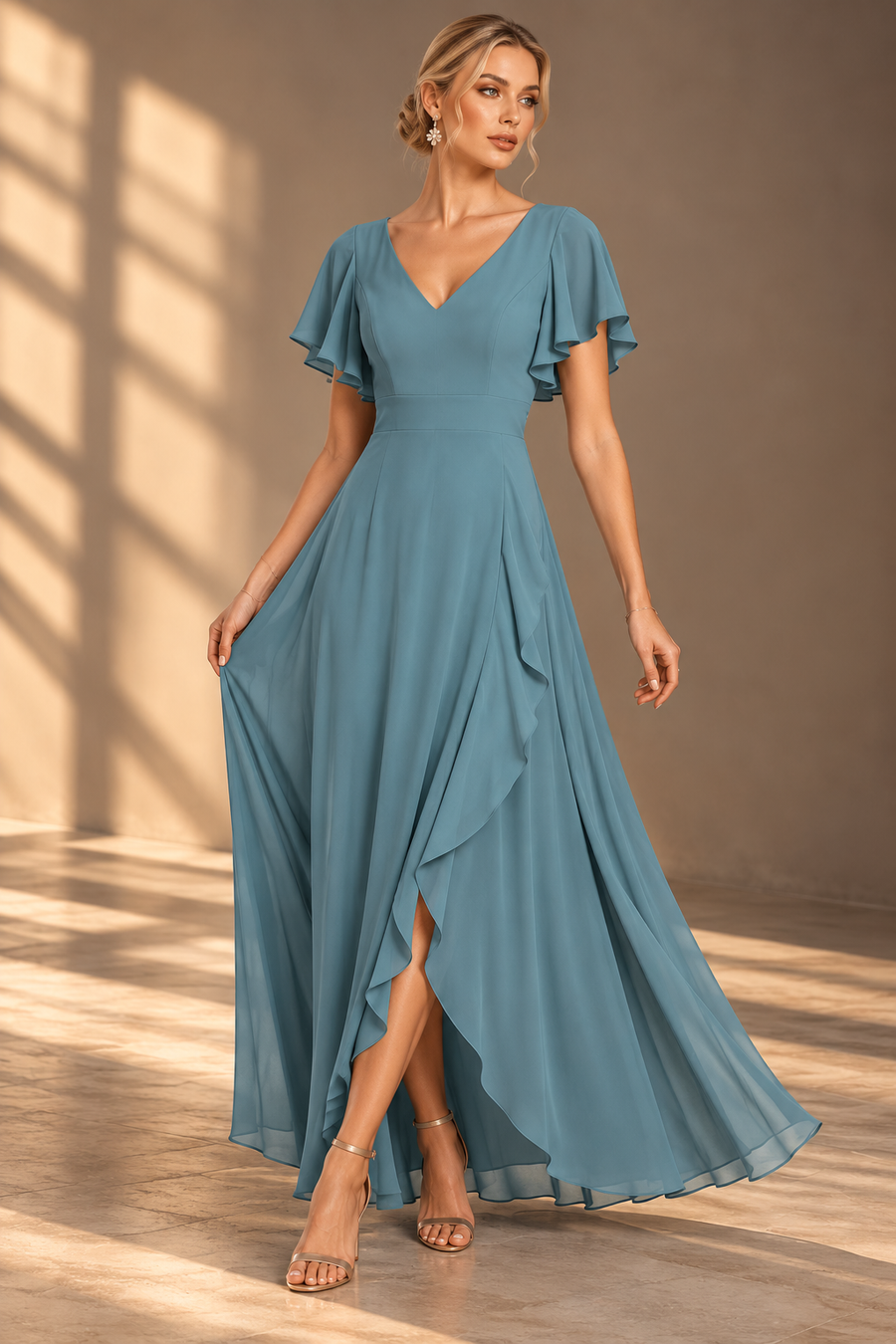 Flutter Sleeve Chiffon Bridesmaid Dress — V-Neck Gown with Asymmetric Ruffle Hem
