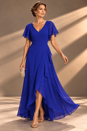 Flutter Sleeve Chiffon Bridesmaid Dress — V-Neck Gown with Asymmetric Ruffle Hem
