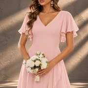 Flutter Sleeve Chiffon Bridesmaid Dress — V-Neck Gown with Asymmetric Ruffle Hem
