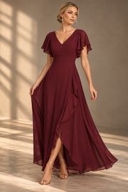 Flutter Sleeve Chiffon Bridesmaid Dress — V-Neck Gown with Asymmetric Ruffle Hem