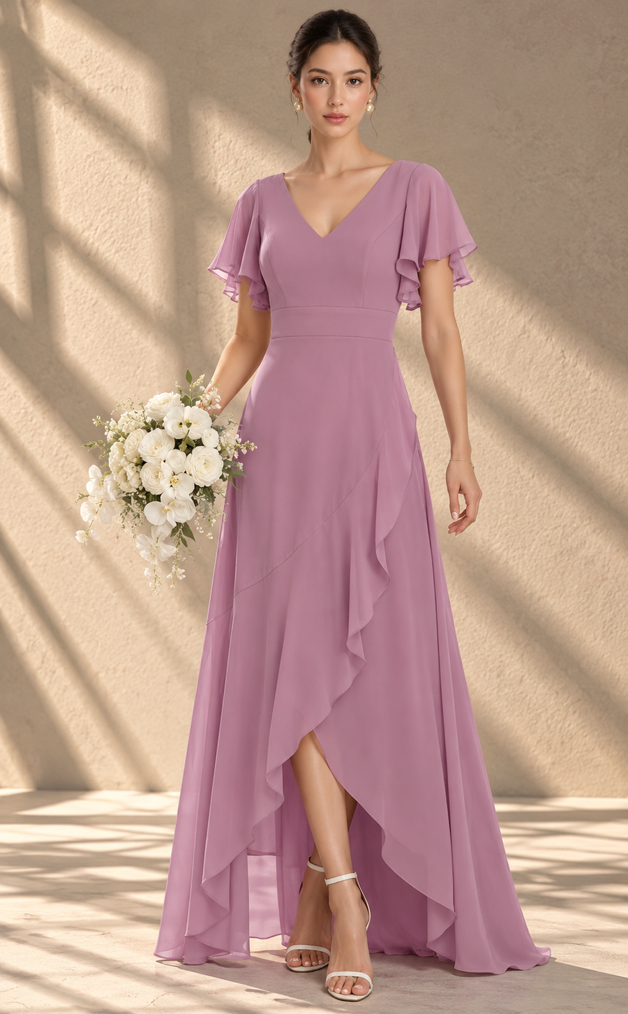 Flutter Sleeve Chiffon Bridesmaid Dress — V-Neck Gown with Asymmetric Ruffle Hem