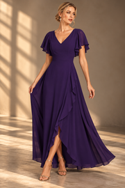 Flutter Sleeve Chiffon Bridesmaid Dress — V-Neck Gown with Asymmetric Ruffle Hem