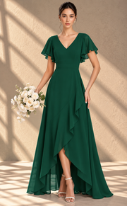 Flutter Sleeve Chiffon Bridesmaid Dress — V-Neck Gown with Asymmetric Ruffle Hem