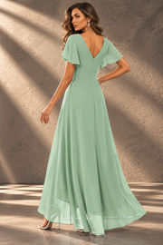 Flutter Sleeve Chiffon Bridesmaid Dress — V-Neck Gown with Asymmetric Ruffle Hem