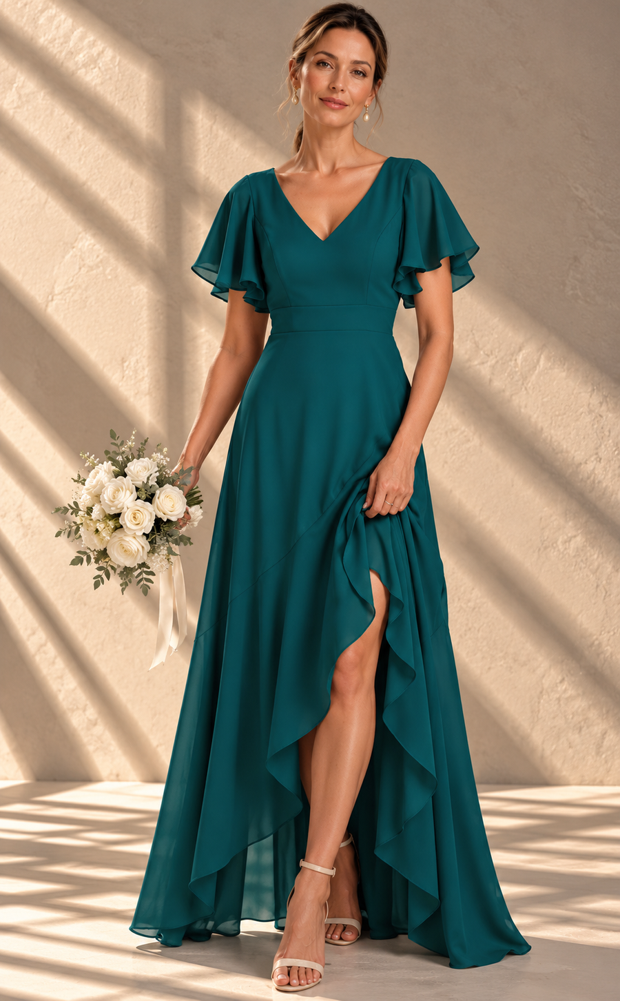 Flutter Sleeve Chiffon Bridesmaid Dress — V-Neck Gown with Asymmetric Ruffle Hem