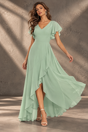 Flutter Sleeve Chiffon Bridesmaid Dress — V-Neck Gown with Asymmetric Ruffle Hem
