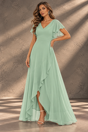 Flutter Sleeve Chiffon Bridesmaid Dress — V-Neck Gown with Asymmetric Ruffle Hem
