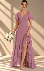 Flutter Sleeve Chiffon Bridesmaid Dress — V-Neck Gown with Asymmetric Ruffle Hem