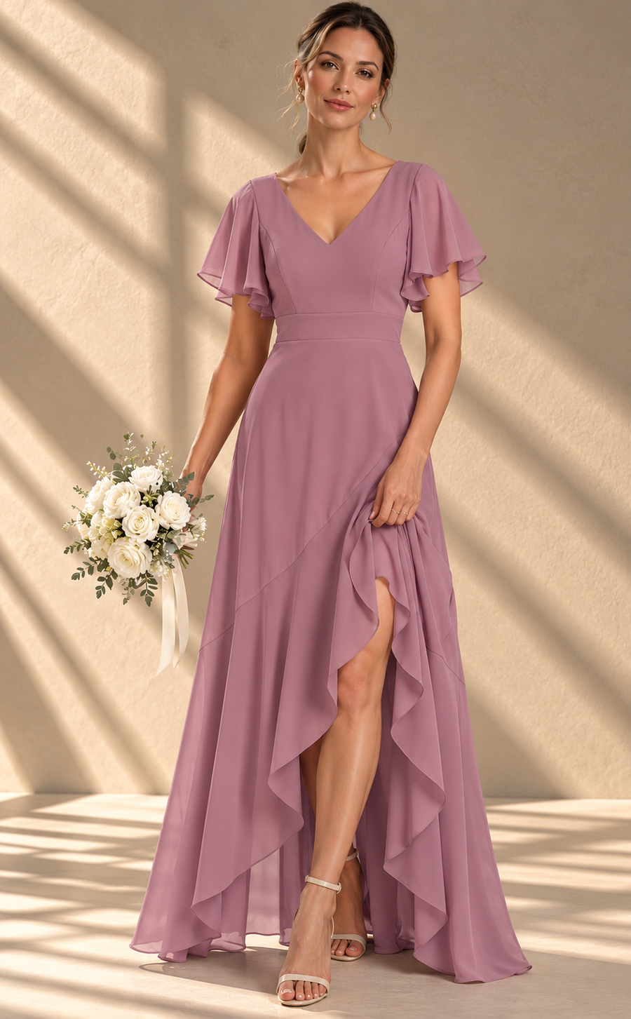 Flutter Sleeve Chiffon Bridesmaid Dress — V-Neck Gown with Asymmetric Ruffle Hem